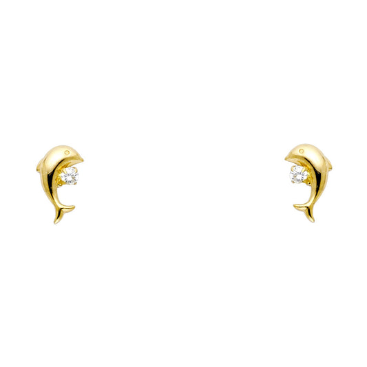 14k Yellow Gold Studded Dolphin Stud High Polish Shiny Cute Ocean Earrings