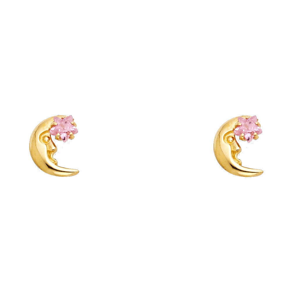 14k Yellow Gold Star Moon Stud Flower Burst High Polish Shiny Earrings