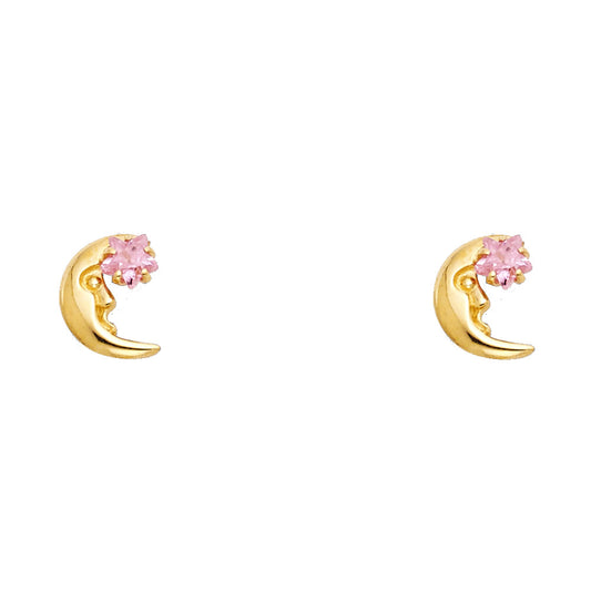14k Yellow Gold Star Moon Stud Flower Burst High Polish Shiny Earrings