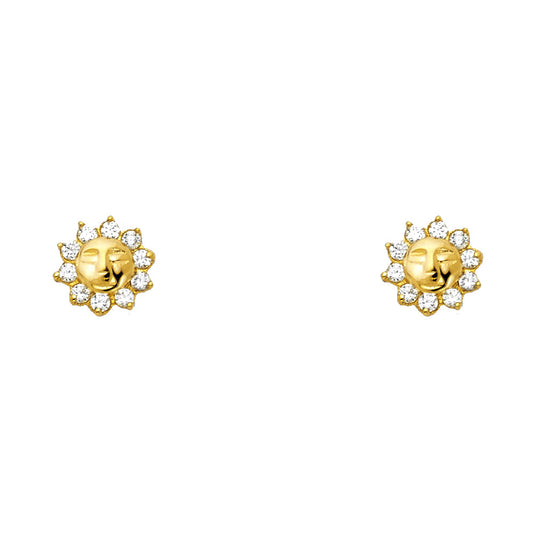 14k Yellow Gold Studded Burst Sun Stud Circle Flower Petal Face Space Earrings