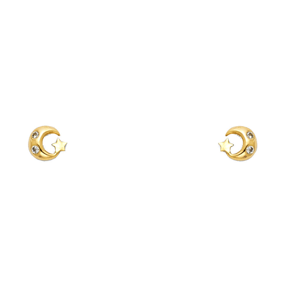 14k Yellow Gold Studded Star Moon Stud Space Crescent Celestial Mystic Earrings