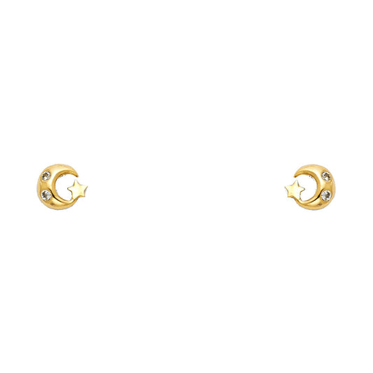 14k Yellow Gold Studded Star Moon Stud Space Crescent Celestial Mystic Earrings