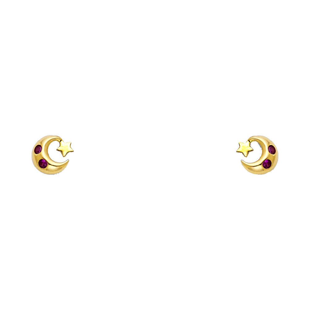 14k Yellow Gold Studded Star Moon Stud Space Crescent Celestial Earrings
