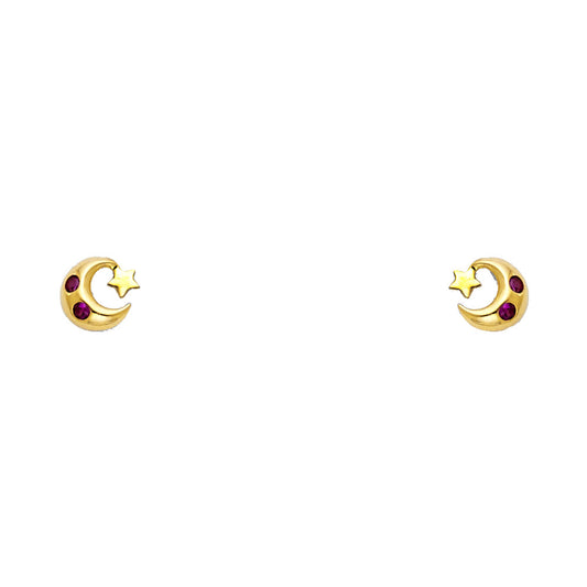 14k Yellow Gold Studded Star Moon Stud Space Crescent Celestial Earrings