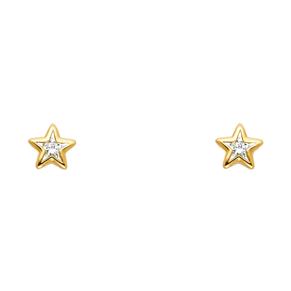 14k Yellow Gold Simple Studded Star Stud Outline Modern Space Earrings