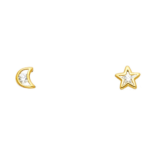14k Yellow Gold Simple Star Moon Stud Space Outline Classic Celestial Earrings