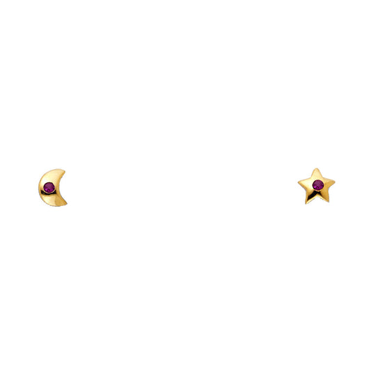 14k Yellow Gold Star Moon Stud Studded Simple Classic Flat Earrings