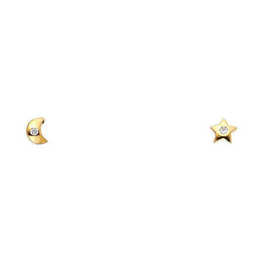 14k Yellow Gold Simple Flat Star Moon Stud Space Celestial Minimalist Earrings
