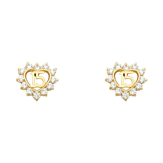 14k Yellow Gold Studded Burst Heart Stud 15 anos Quinceanera Cutout Earrings