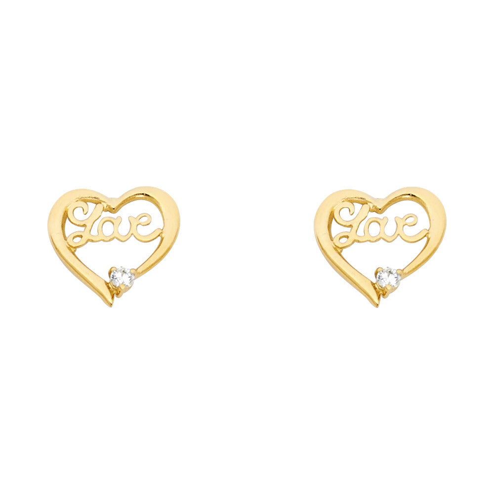 14k Yellow Gold Elegant Love Script Stud High Polish Heart Earrings