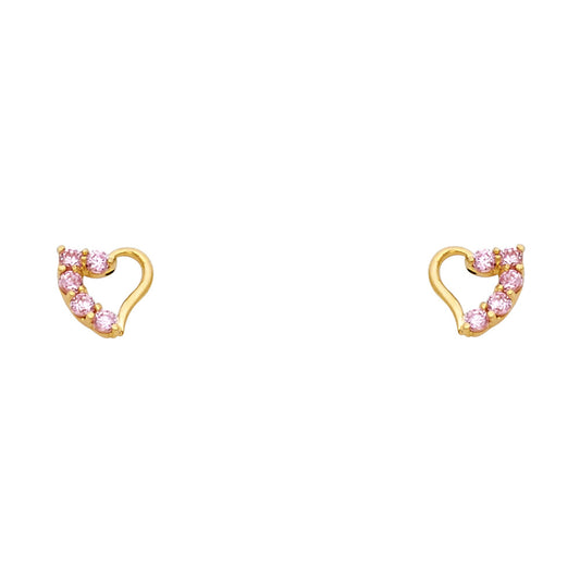 14k Yellow Gold Studded Promise Heart Stud High Polish Shiny Outline Earrings