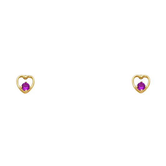 14k Yellow Gold Heart Stud Amethyst CZ High Polished Fashion Love Earrings