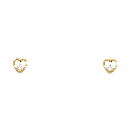 14k Yellow Gold Clear CZ Heart Stud Love Promise Screwback Fashion Earrings