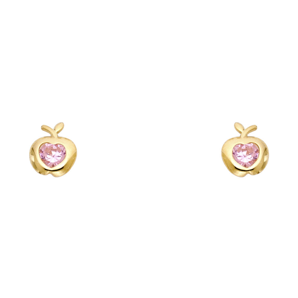 14k Yellow Gold Rose Pink CZ Apple Stud Heart Teacher Gift Classic Earrings