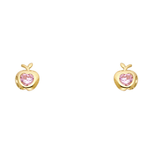 14k Yellow Gold Rose Pink CZ Apple Stud Heart Teacher Gift Classic Earrings