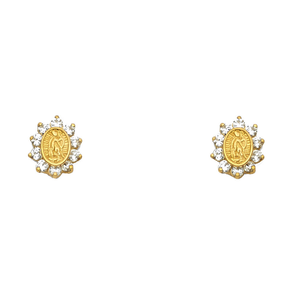 14k Yellow Gold Vintage Our Lady of Guadalupe Stud Studded Sun Burst Earrings