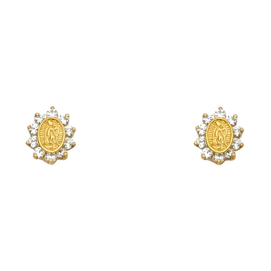 14k Yellow Gold Vintage Our Lady of Guadalupe Stud Studded Sun Burst Earrings