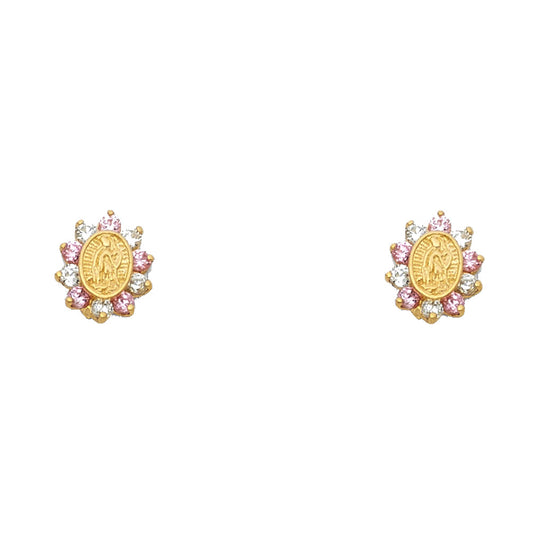 14k Yellow Gold Our Lady of Guadalupe Oval Stud Sun Burst Flower Cute Earrings
