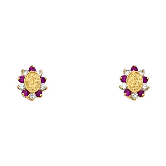 14k Yellow Gold Our Lady of Guadalupe Oval Stud Flower Studded Burst Earrings