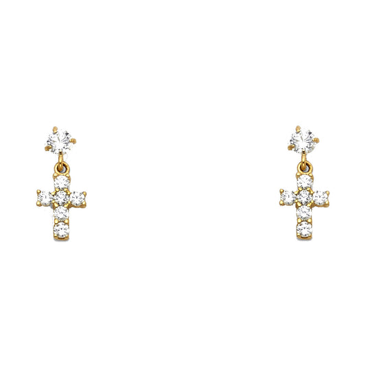 14k Yellow Gold Studded Dangling Cross Stud High Polish Classic Earrings
