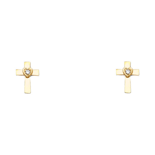 14k Yellow Gold Simple Flat Cross Stud Promise Heart Love Faith Earrings