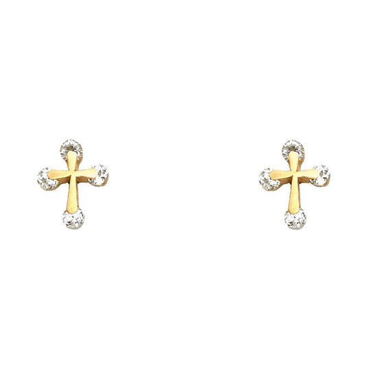 14k Yellow Gold High Polish Burst Cross Stud Circle Flat Shiny Jesus Earrings