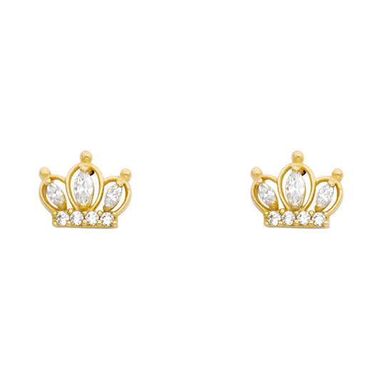 14k Yellow Gold Elegant Victorian Crown Stud High Polish Queen Royalty Earrings