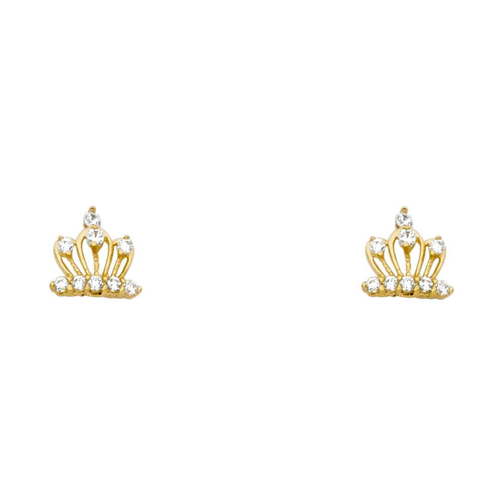 14k Yellow Gold Regal Crown Stud Studded High Polish Queen Earrings