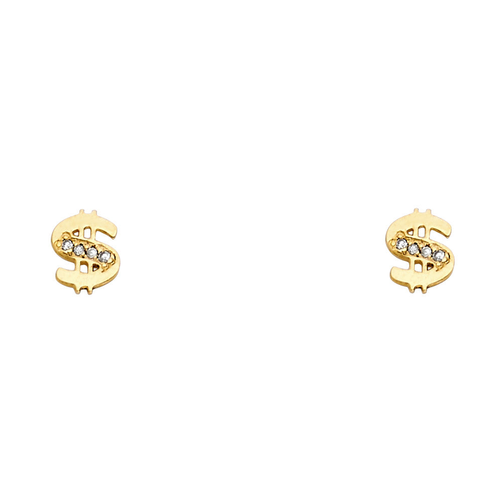 14k Yellow Gold $ Money Symbol Stud Dollar Sign Studded High Polish Earrings