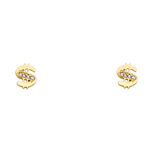 14k Yellow Gold $ Money Symbol Stud Dollar Sign Studded High Polish Earrings