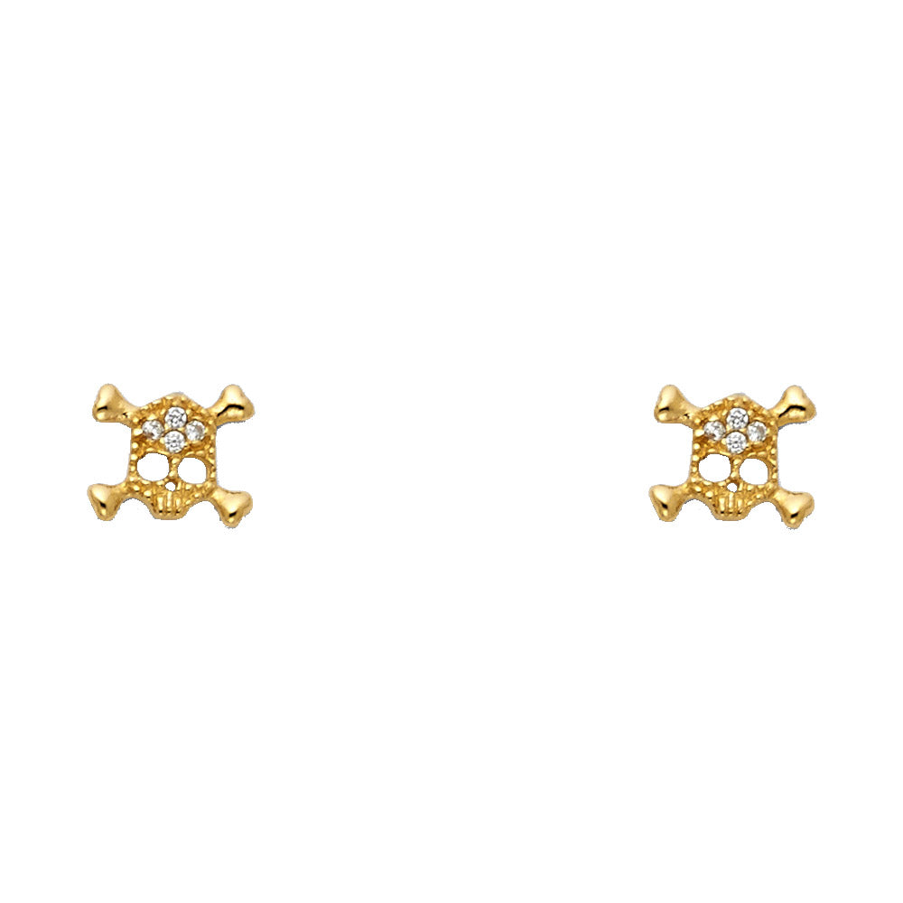 14k Yellow Gold Studded Skull and Crossbones Stud Union Jack Pirate Earrings
