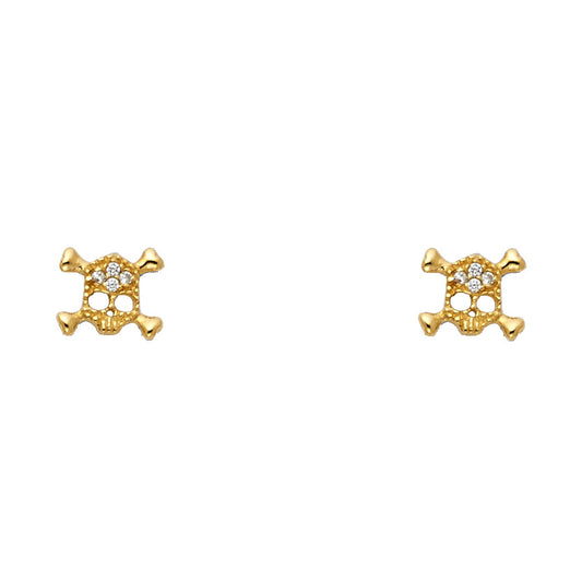 14k Yellow Gold Studded Skull and Crossbones Stud Union Jack Pirate Earrings