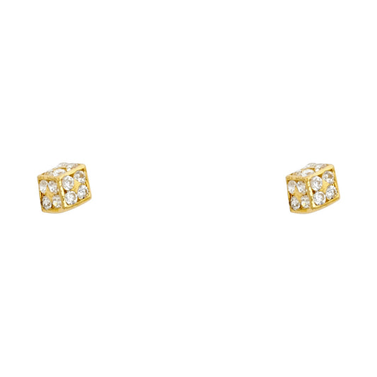 14k Yellow Gold Studded Cube Stud Square Ice Modern Earrings