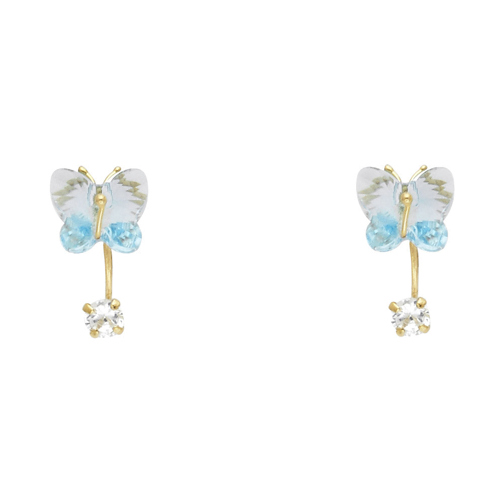 14k Yellow Gold Studded Butterfly Stud Elegant Hanging Dangling Earrings