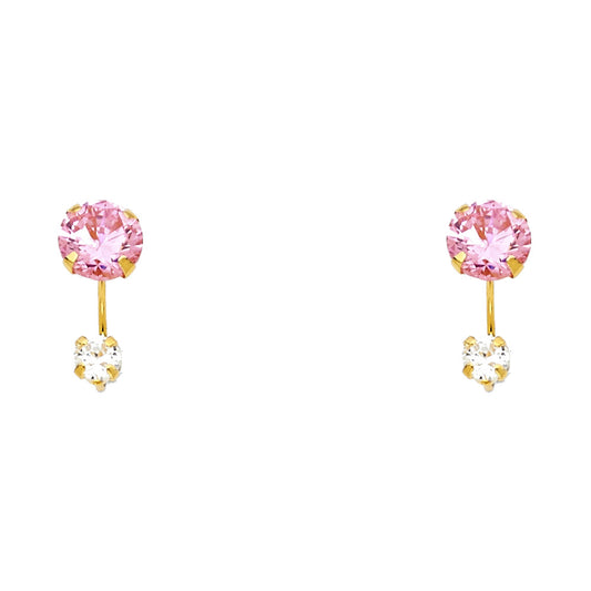 14k Yellow Gold Hanging Two Circles Stud Round Ear Cuff Bar Earrings