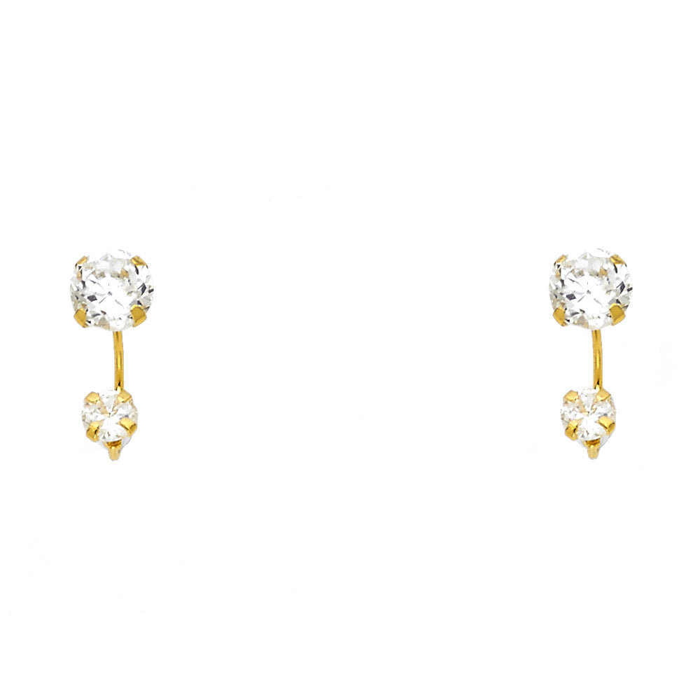 14k Yellow Gold Elegant Double Circle Stud Round Studded Hanging Bar Earrings