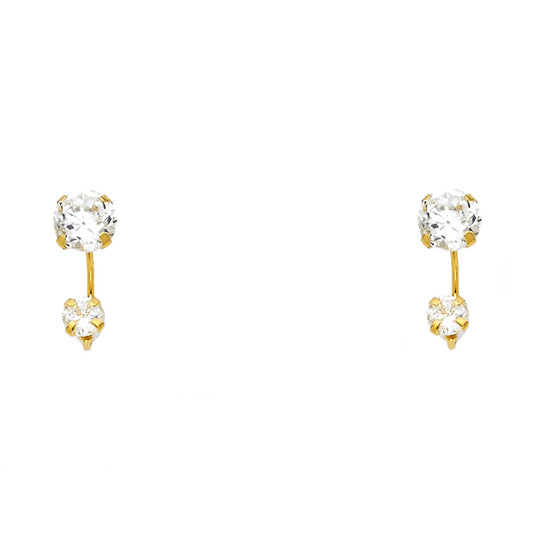 14k Yellow Gold Elegant Double Circle Stud Round Studded Hanging Bar Earrings