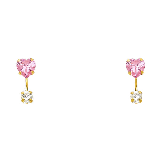 14k Yellow Gold Promise Heart Bar Stud Hanging Dangling Circle Round Earrings