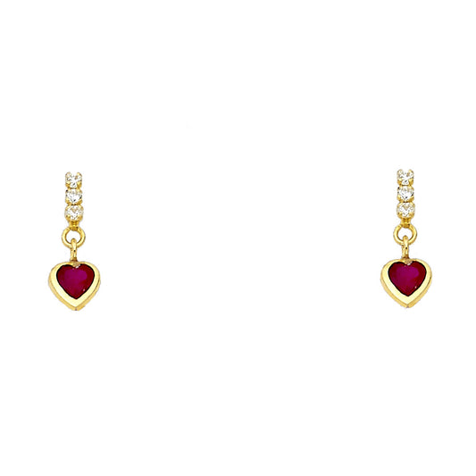 14k Yellow Gold Hanging Promise Heart Stud Dangling Bar Studded Love Earrings