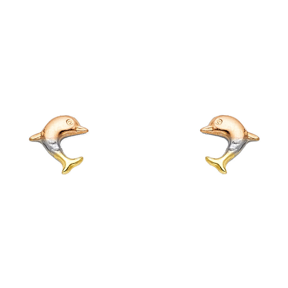 14k Yellow Gold Dolphin Stud Ocean Beach Swim Animal Cute Earrings
