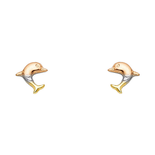 14k Yellow Gold Dolphin Stud Ocean Beach Swim Animal Cute Earrings