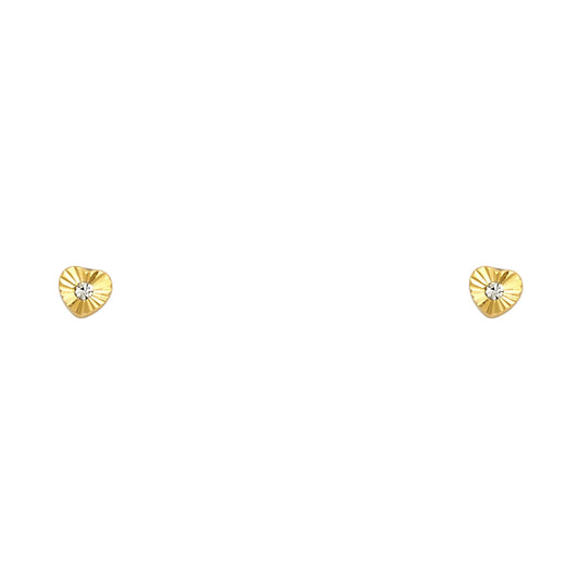 14k Yellow Gold High Polish Grooved Heart Stud Studded Love Earrings