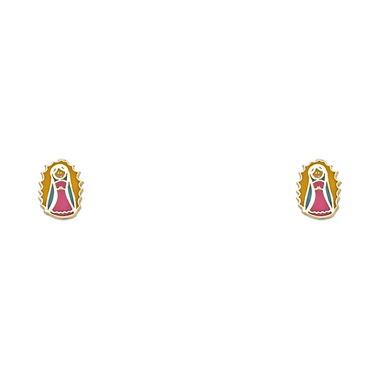 14k Yellow Gold Our Lady of Guadalupe Stud Enamel Burst Earrings