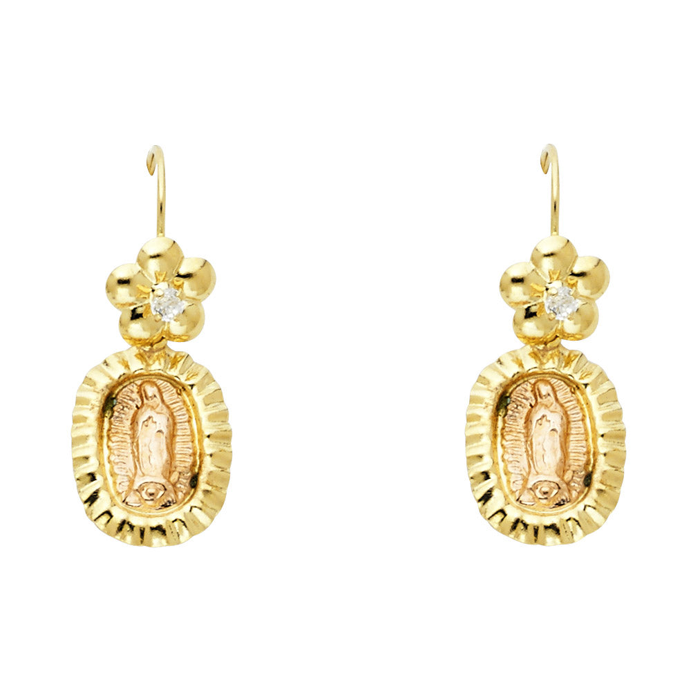 14k Yellow Gold Virgin Mary Medallion Stud High Polish Flower Studded Earrings