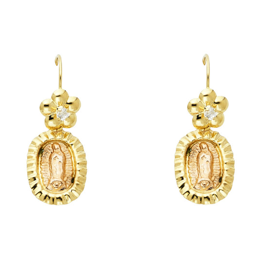 14k Yellow Gold Virgin Mary Medallion Stud High Polish Flower Studded Earrings