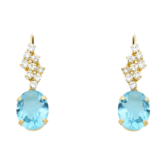 14k Yellow Gold Elegant Oval CZ Stud Vintage Earrings Clear & Aquamarine CZ
