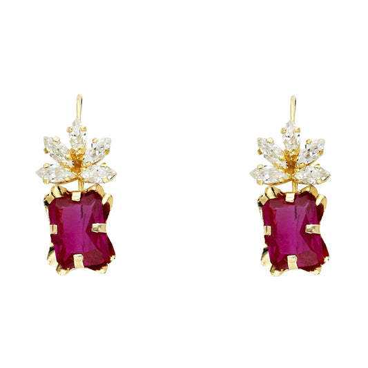14k Yellow Gold Studded Flower Rectangle Victorian Earrings Clear & Ruby CZ