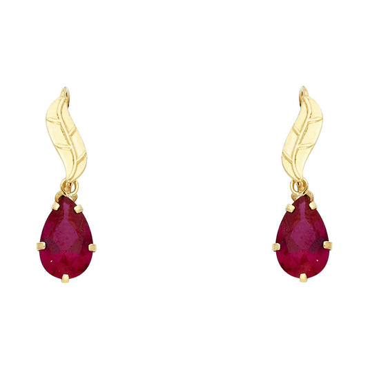 14k Yellow Gold Classic Vintage Teardrop Stud Feather Leaf Earrings Ruby CZ
