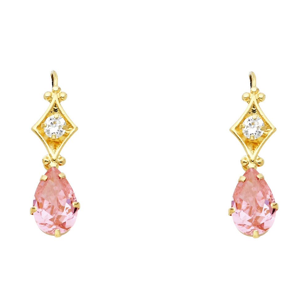 14k Yellow Gold Ornate Studded Teardrop Stud Kite Shape Hanging Earrings Pink CZ