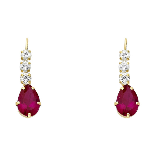 14k Yellow Gold Elongated Journey Teardrop Stud Studded Hanging Earrings Ruby CZ